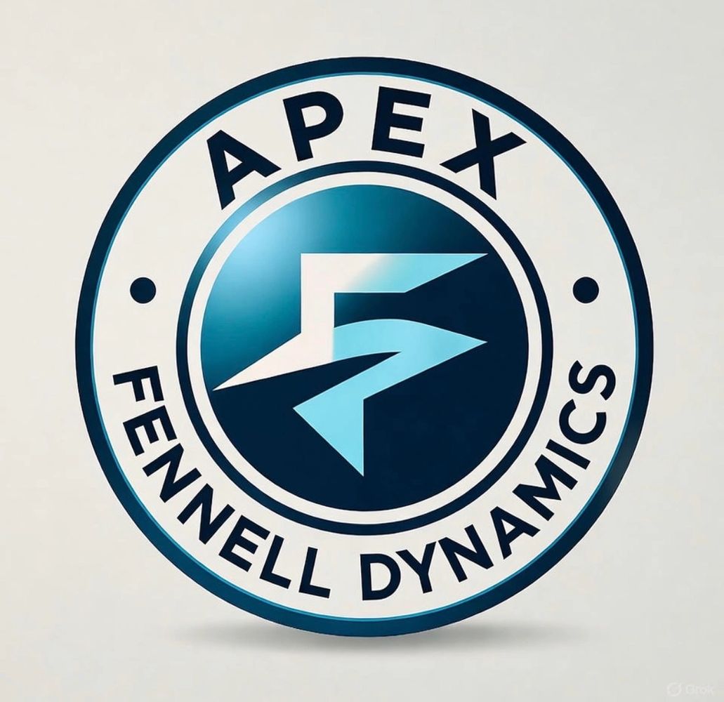 A blue and white circular logo for Apex Fennell Dynamics.
