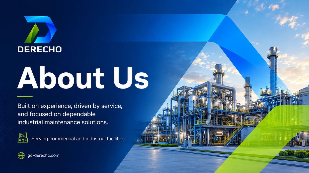 Industrial facility with Derecho logo and About Us text highlighting service and maintenance solutions.