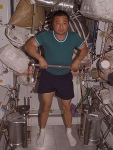 Astronaut Leroy Chiao with the SpiraFlec Resistance Exercise Device on the ISS