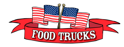 Logo with American flags and 'Food Trucks' text on a red ribbon.