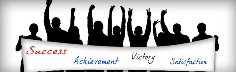 Silhouetted group holding banner with success-related words.