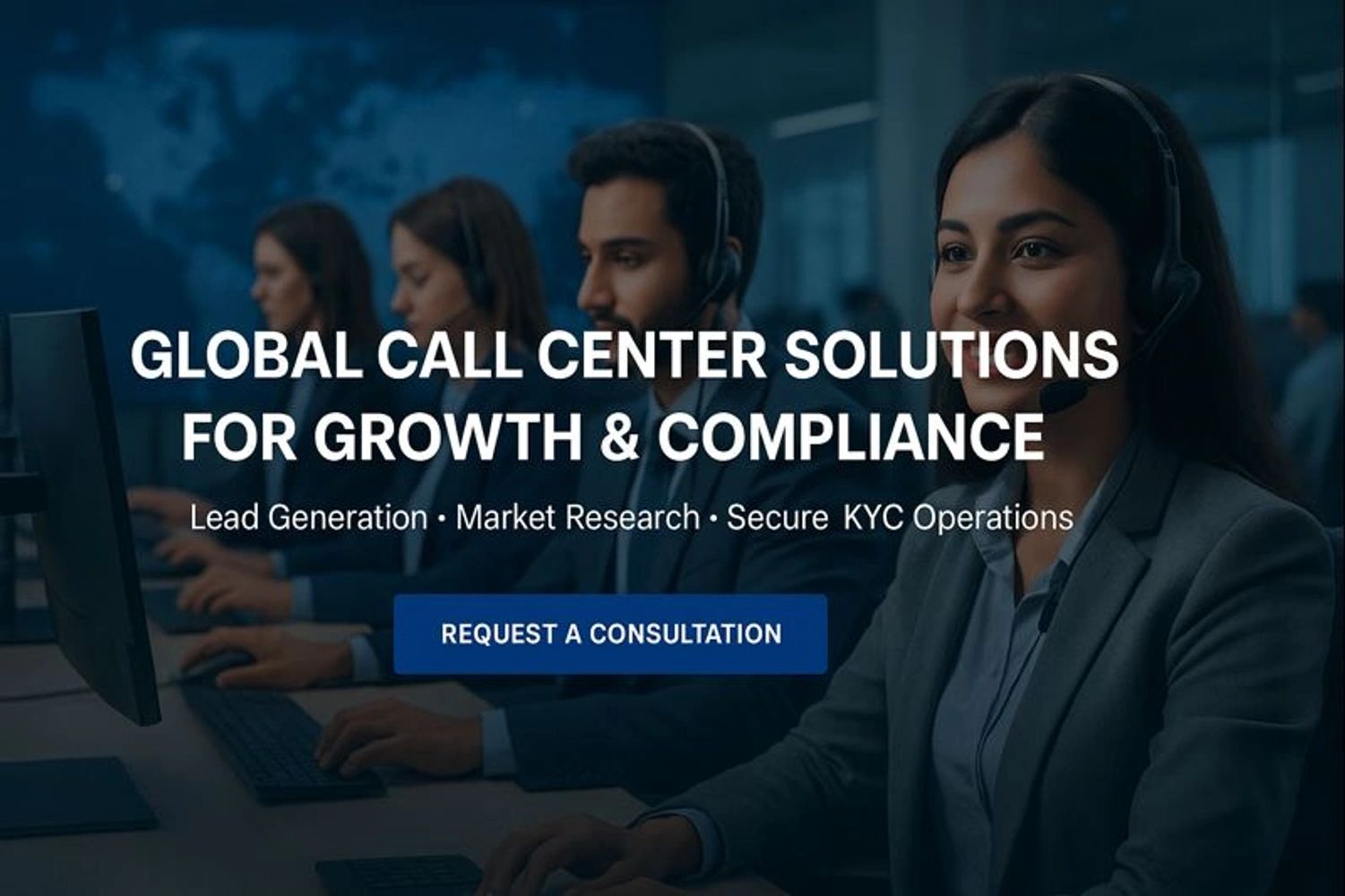 Call center agents working with headsets for global solutions.