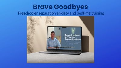 Laptop showing a video titled Brave Goodbyes about preschooler separation anxiety and bedtime training.