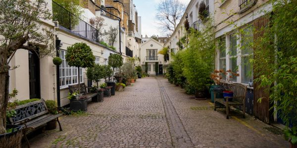 Quiet cobblestone alley lined with potted plants and benches between white buildings.