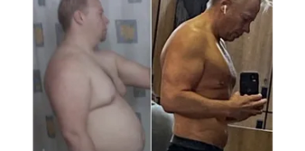 Before-and-after transformation showing significant weight loss and muscle gain.