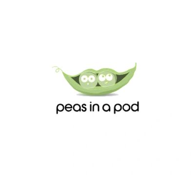 Two cute peas with faces inside a green pea pod illustration.