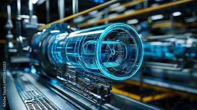 Futuristic mechanical engine with glowing blue elements.