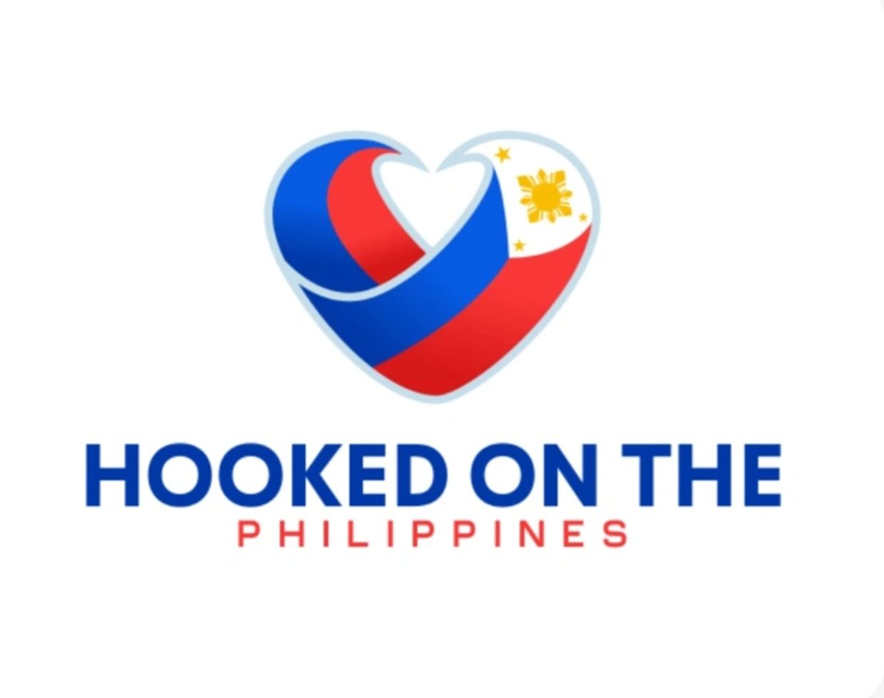 Heart-shaped design with Philippine flag colors and text Hooked on the Philippines.