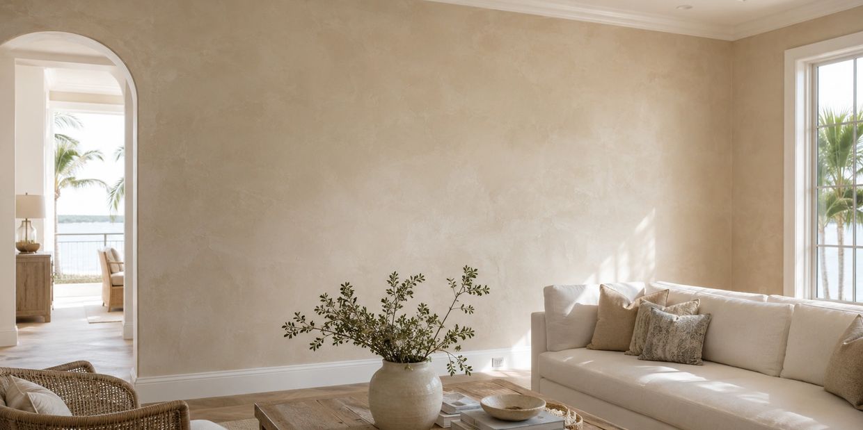 Beige limewash wall in luxury living room