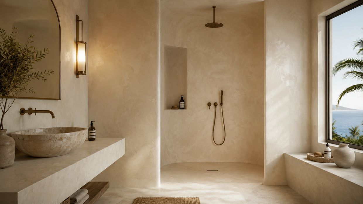 Minimalist beige bathroom with open shower and ocean view window.