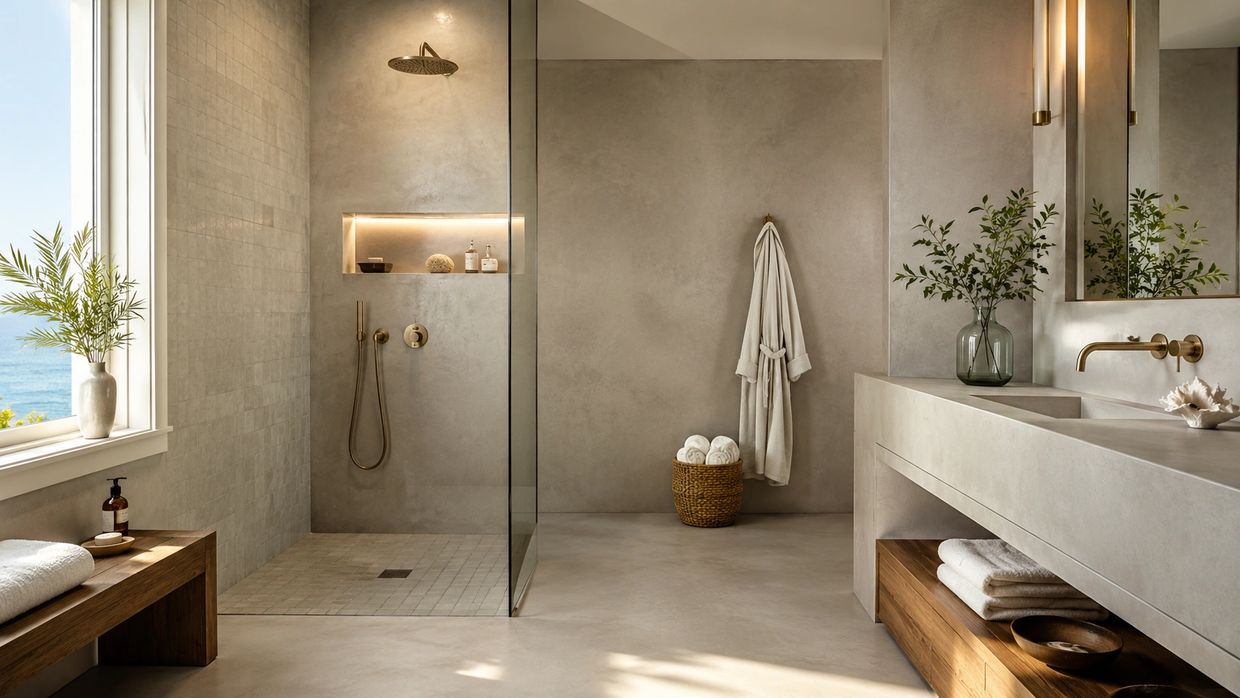 Modern bathroom with neutral tones, wooden accents, and ocean view.