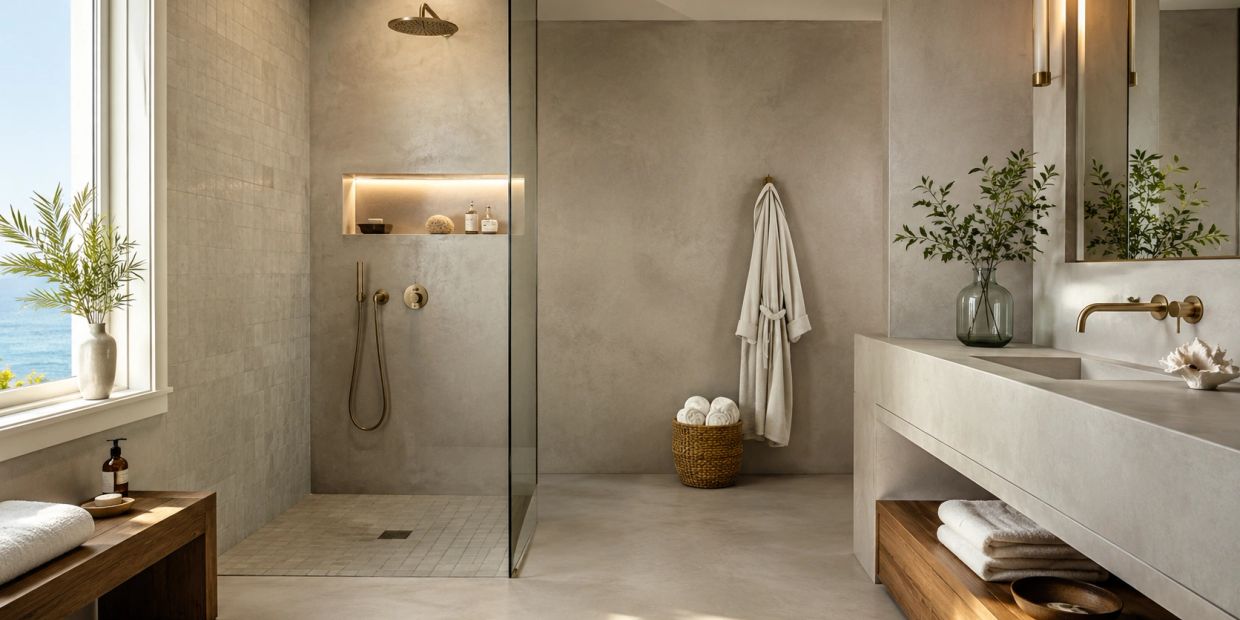 Modern bathroom with neutral tones, wooden accents, and ocean view.