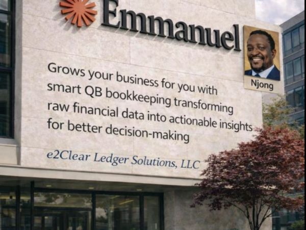 Business advertisement for e2Clear Ledger Solutions with a professional photo of Njong.