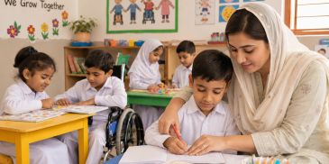 Teacher helping young students learn in an inclusive classroom.