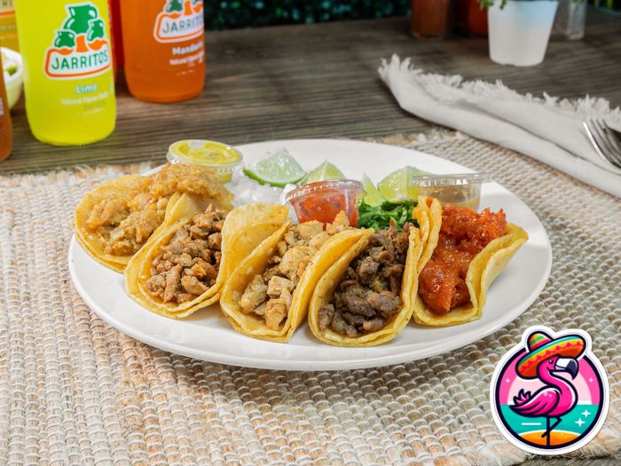 Delish tacos. Asada, Pastor, Chicharron grwwn (spicy), chacharron red.