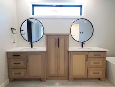 Rift sawn white oak vanities with middle linen cabinet