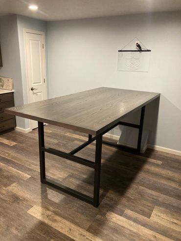 Custom stained ash pub table with metal frame