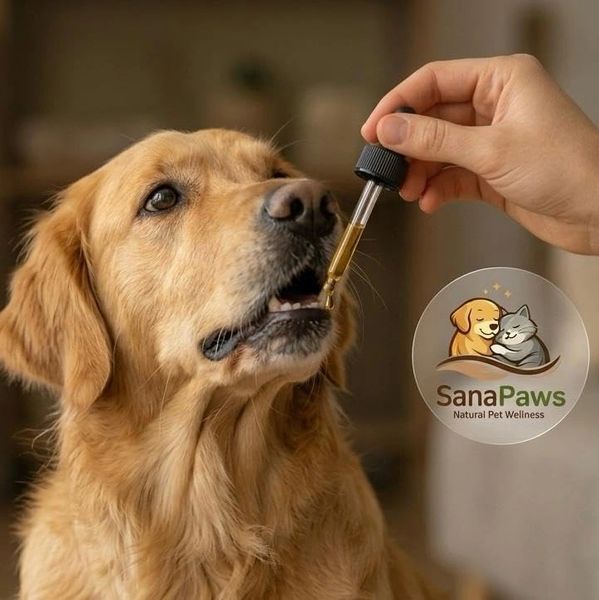 Golden retriever receiving natural wellness drops orally.