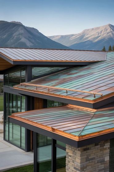 Modern house with copper roofing against mountain backdrop.