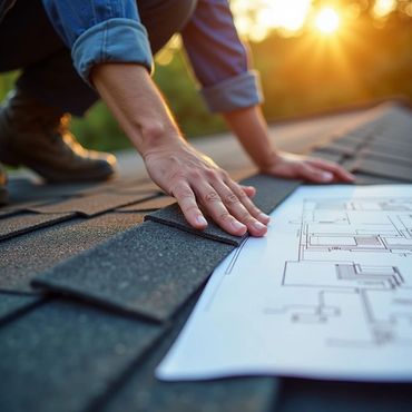 Person inspecting roofing shingles with a blueprint at sunset.