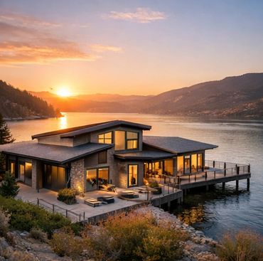 Modern lakeside house with glowing interior at sunset.