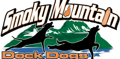 Logo for Smoky Mountain Dock Dogs featuring dogs and mountains.