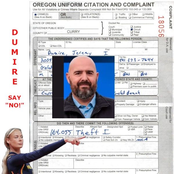 Woman pointing to a mugshot on a police citation with 'DUMIRE SAY NO!'