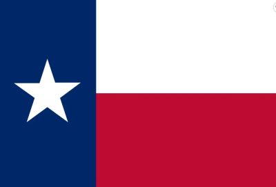 The flag of Texas with a lone star on a blue vertical stripe.
