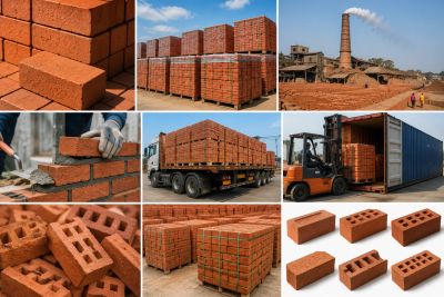 Various images of bricks, brick stacks, brick kiln, and brick transportation.