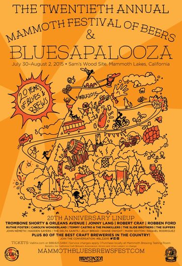 Yellow and orange Bluesapalooza poster featuring a doodle-style peak covered in various elements.