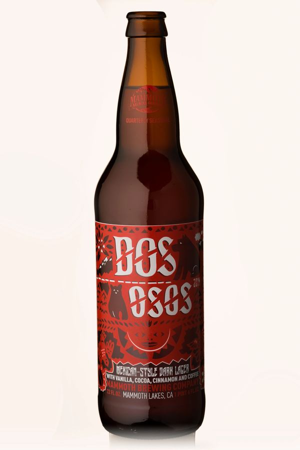 Dos Osos Mexican-Style Dark Lager: red and white design based on papel picado, with two bears.