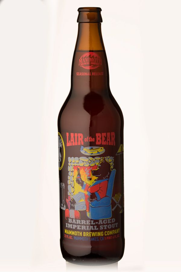 Lair of the Bear, barrel-aged imperial stout: bear wearing a smoking jacket, sitting in comfy chair.