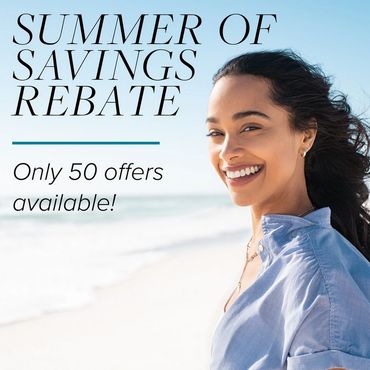 Summer of Savings Rebate. Only 50 offers available! Smiling woman at the beach.