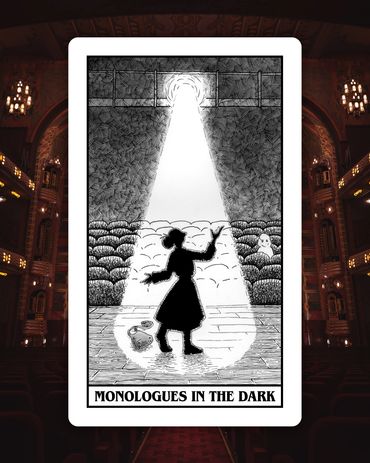 Tarot-style card of a spotlit figure on a stage and one person in the audience. Ink illustration.