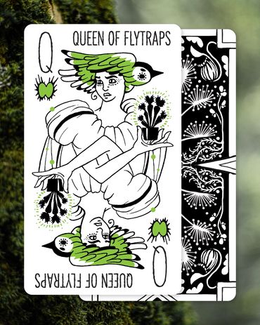 Aubrey Beardsley-inspired Queen playing card, front and back, with a Venus Flytrap suit.