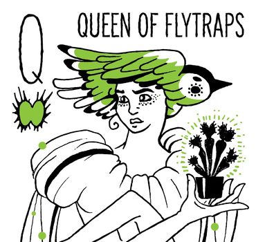 Closeup of Queen playing card, showing a figure holding a potted plant.
