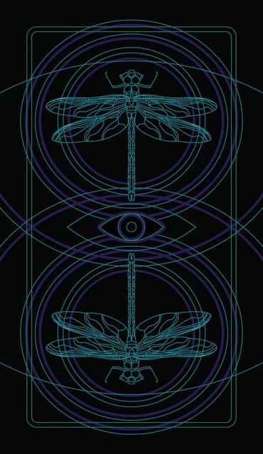 Symmetrical card back design: mirrored dragonflies and concentric circular ripples creating an eye.