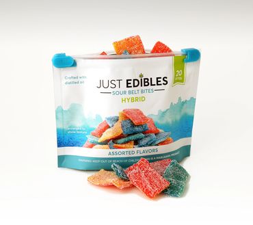 Product photo of rainbow sour belt bites showing childproof bag lock.