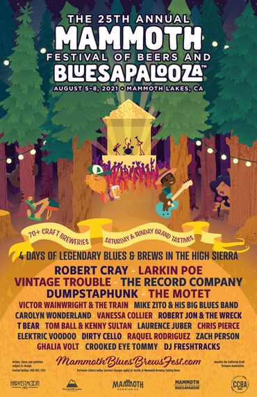 Poster depicting illustrated nighttime scene: stage among the pines, with attendees and performers.