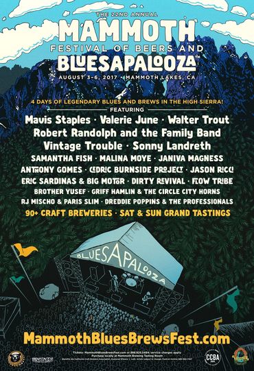 Poster with illustration of festival grounds, surrounding forest, Minaret mountains, and sky.