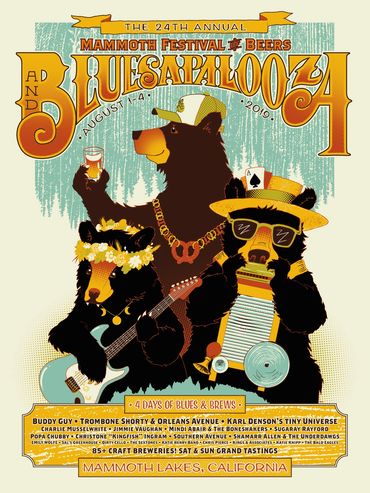 Festival poster featuring bears: one drinking beer, one playing harmonica, and one playing guitar.