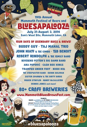 Poster withfull-color border of performers, beer, shuttle, wildlife, beer, and mountain landscape.