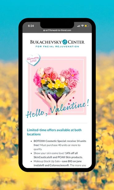 "Hello, Valentine!" email with heart-shaped bouquet and manicured hands shown on smartphone screen.