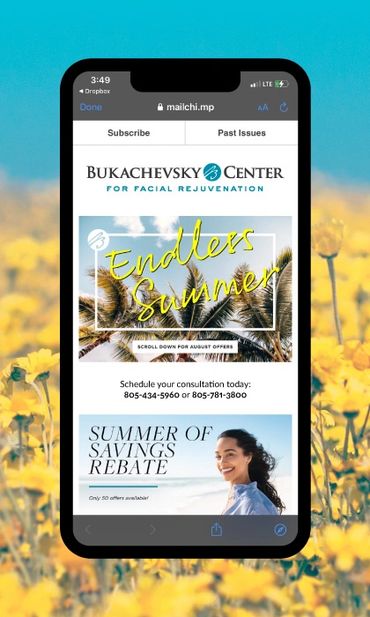 "Endless Summer" email, featuring palm trees, shown on phone screen.