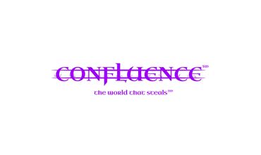 Flat purple "Confluence: The World That Steals" logo in an uncial script.
