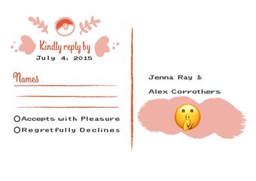 Back of RSVP card with drawn elements and pixelated font.