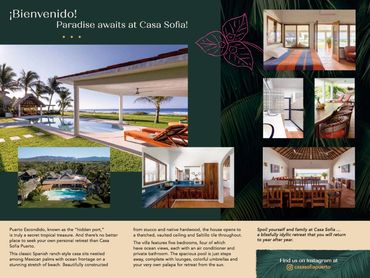 Brochure inside featuring more photos of the property and text describing the experience.