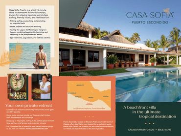 Brochure outside featuring warm colors, photo of rental house and pool, map, and additional photos.