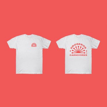 Mock-up of a Droseros Carnivores t-shirt, in peach ink on a white shirt.