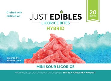 Front of bag design for Just Edibles red sour licorice bites.